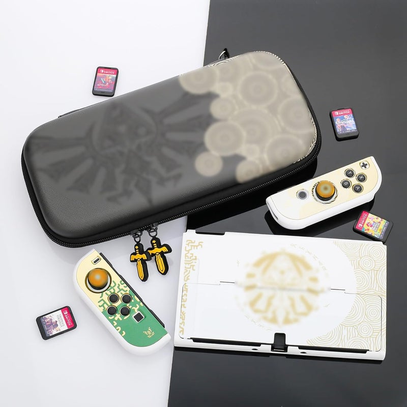 F'DIARY Black Carrying Case for Nintendo Switch and Switch OLED with Zelda Kingdom Design, Shockproof Accessories with Protable Travel Case Bulit-in 10 Game Card Slots, Handle Strap and 2 Thumb Caps - Image 4